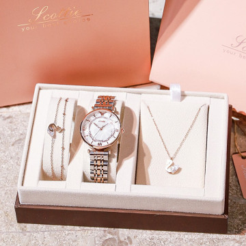 Top Fine Women's Fashion Watch Set with Small Dial Green Watch Bracelet Necklace + Gift Box Luxury Jewelry Gift Set For Ladies